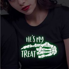 New He’s My Treat Gildan T- Shirt Color:Black Glow In The Dark Size: Medium #Halloween #Couples Brand New If You Bundel Both The Women And Men’s Shirt For 40$ Bundel And Save More Womens Is Medium Men’s Is Large Black Halloween T-shirt With Text Print, Halloween Black T-shirt With Text Print, Black Halloween Top With Text Print, Black Slogan T-shirt For Halloween, Black Graphic Tee With Glow In The Dark Details, Black Glow In The Dark Crew Neck Top, Casual Black Glow In The Dark Top, Halloween Glow In The Dark Black Top, Black Spooky Letter Print T-shirt