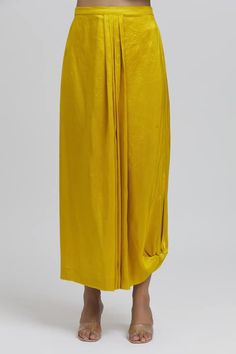 Yellow A-line short kurta with floral pattern embroidery. Comes with pleated skirt and lace work dupatta. - Aza Fashions Elegant Yellow Pleated Bottoms, Yellow Long Skirt For Evening, Elegant Yellow Silk Skirt, Formal Skirt With Traditional Drape, Elegant Yellow Flared Skirt, Floral Pattern Embroidery, Pleated Skirt Set, Anamika Khanna, Short Kurta