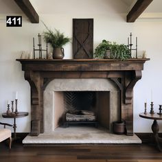 a fireplace in a living room with potted plants on the mantel above it