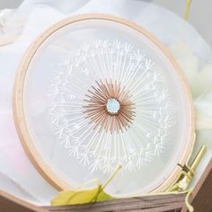 a wooden box holding a white and brown embroidery kit with an embroidered flower on it