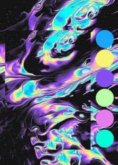 an abstract painting with different colors and shapes in the center, including circles on black background