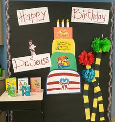 a birthday cake with dr seuss written on it and decorations around the edges for dr seuss