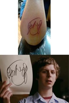 two pictures one with a person's name and the other with an autographed foot