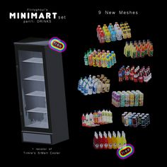 the minimart display case is full of sodas and drinks, with 6 new meches