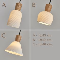 three different views of the same light fixture, one with a wooden base and two without