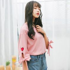 Women Clothes korean Kawaii Basic bow tshirt harajuku shirt 2020 Summer half Sleeve T-shirt looseRound Neck pink white Top tees Cute Outfits Korean, Korean Fashion Teen, Moon City, Korean Kawaii, Korean Fashion Ulzzang, Harajuku Shirt, Korean Fashion Fall, Korean Fashion Winter, Heart Knot