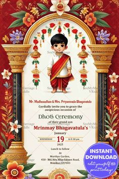 The vibrant and traditional invitation card for a Dhoti Ceremony. The background is adorned with intricate red and gold floral patterns, giving it a rich and festive look. At the center, there is a beautifully decorated arch with hanging garlands of red and white flowers, complemented by golden ornaments. Standing proudly in the middle is a young boy, dressed in traditional Indian attire, featuring a white kurta and a red dhoti, symbolizing the importance of the occasion.
#DhotiCeremony #TraditionalInvitation #CulturalCelebration #ElegantDesign #IndianTradition #RedandGoldTheme #CulturalHeritage #CartoonBoy #GrandCelebration #CeremonyInvitation #TraditionalArtwork #IndianCulture #VibrantDesign #FloralDecor Dhoti Ceremony For Boys, Traditional Invitation Card, Cartoon Boy Character, Ceremony Invitation Card