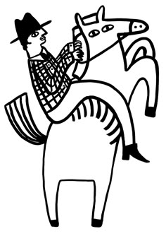 a black and white drawing of a man riding on a horse with a cowboy hat