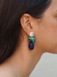 14k gold filled posts and wiring Freshwater pearls, serpentine and lapis lazuli stones Handmade to order Water Gems, Mod Earrings, Lapis Stone, Contemporary Accessories, Jewelry Post, Lapis Lazuli Stone, Accessories Brand, Funky Jewelry, Jewelry Lookbook