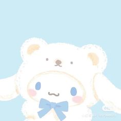 a white teddy bear with a blue bowtie on its head and eyes, standing in front of a light blue background