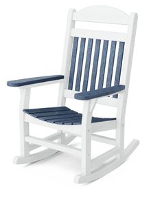 a white rocking chair with blue cushions on the seat and backrest, against a white background