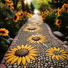 sunflowers painted on the side of a stone path