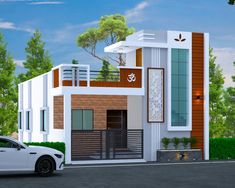 a white car is parked in front of a modern style house with brown and white accents