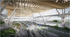 the inside of an airport with people walking around and lots of plants growing on the ceiling