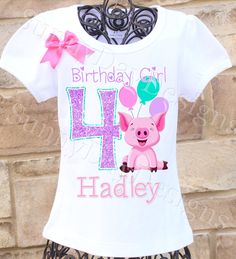 An adorable little piggy themed birthday shirt personalized with your child's name and age. All shirts are 100% cotton.  I use a professional heat press to transfer the image, NOT a home iron.  All shirts are embellished with a bow.  I will personalize it with your child's name and age for no additional cost.  The puffy sleeve tee comes in sizes 12 month - size 12 . I also carry the same brand shirt in a tank top style as well as long sleeved.  I also have Carter's bodysuits in sizes newborn - 2 Piggy Birthday, Pig Birthday Party Ideas, Farm Animals Birthday, Heat Press Shirts, Pig Birthday Party, Farm Animal Birthday, Animals Birthday, Pig Birthday, Animal Birthday