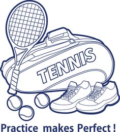 a tennis racket and shoes with the word tennis next to it on a white background