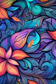 an abstract painting with flowers and swirls in blue, pink, orange and purple