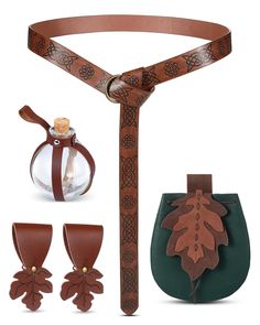 an assortment of leather items including a purse, belt and earrings