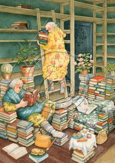 a painting of an old woman reading in a room full of books