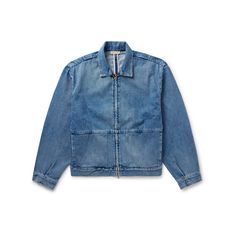 A cool deviation from classic styles, Fear of God's denim jacket is designed with a two-way zip fastening in place of traditional buttons. It has a faded blue wash and relaxed shape that adjusts with tabs at the sides. The yoke is accented with the brand's signature logo patch. Medium Wash Denim Outerwear With Zipper, Denim Jacket With Zip Fly For Streetwear, Casual Denim Outerwear For Work, Urban Denim Outerwear With Zipper Closure, Spring Denim Blue Outerwear With Zip Fly, Casual Denim Outerwear With Button Zip Fly, Medium Wash Denim Jacket With Zipper Closure, Denim Blue Outerwear With Zipper Closure, Denim Blue Jacket With Zipper Closure