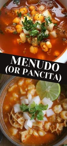 two pictures with different types of food in them and the words menuo or pancita