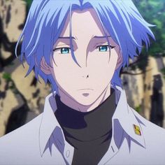 an anime character with blue hair looking at the camera