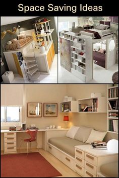 there are pictures of small space saving ideas in this room, including the bed and desk