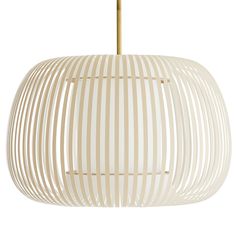 a white lamp hanging from the ceiling with lines on it and a gold metal rod