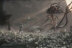 an image of a sci - fi creature in the middle of a field full of flowers