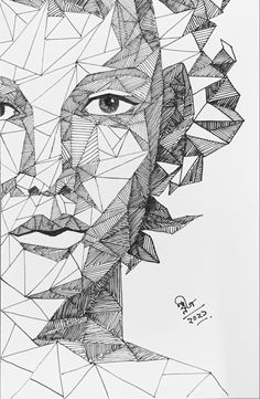 a black and white drawing of a man's face with geometric shapes on it