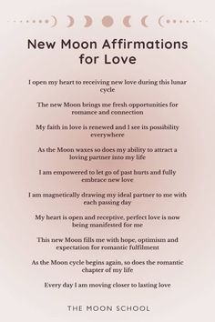 the moon affirmations for love poem on a white background with pink and black lettering