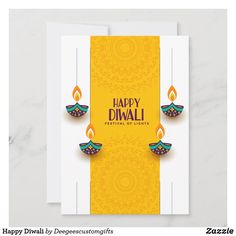 happy diwali greeting card with candles on yellow and white background, for diwali day