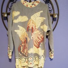 Beautiful Angels Sweater. I've Had This Sweater Since The Early 2000's And It Looks Brand New. Hand Wash Only. Grandma Knitted Sweater. Grandma Sweater, Beautiful Angels, Hand Knitted Sweaters, Knitted Sweater, Blue Cream, Colorful Sweaters, Hand Knitting, Knitted Sweaters, Checks