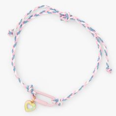 Anklets are the ultimate summer fashion accessory! This one features a braided cord of blue, pink, and white, accented with an open-heart charm dangling from a pink carabiner. Just pull the cords to adjust the fit. Adjustable Closure: Bolo Finish: Gold-tone Material: Metal, Polyester - Claire's Pastel Heart Charm Cord Anklet Trendy Pink Jewelry With Adjustable Cord, Casual Heart Charm Bracelet For Friendship, Casual Pink Friendship Bracelets For Spring, Casual Heart Charm Bracelet, Casual Heart-shaped Beaded Friendship Bracelets, Casual Pink Friendship Bracelet For Spring, Casual Heart-shaped Friendship Bracelets, Trendy Pink Heart Bracelet With Heart Charm, Adjustable Pink Friendship Bracelets With Heart Charm