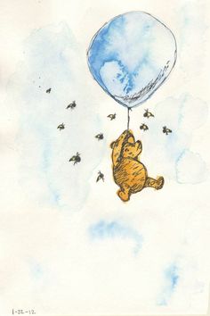 a drawing of winnie the pooh flying with a blue balloon and bees around it