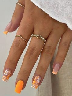 Naranja  Collar   Color combinado,Plantas Uñas de Color Embellished Nail Designs Orange Summer, Summer Nail 2024 Trends Orange, Square Summer Nails 2024, Summer Vacation Nails, Shorter Nails, Orange Theme, Nagel Design, Orange Nail, Milky Nails