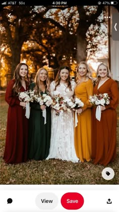 the bridesmaids are all dressed in different colors