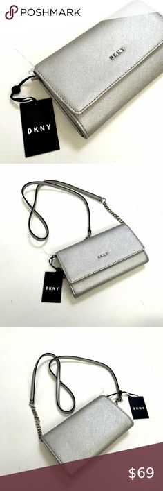 NWT Original DKNY Veronica Crossbody Bag Clutch Silver Chain Solid Metallic Crossbody Clutch, Metallic Colors, Silver Chain, Clutch Bag