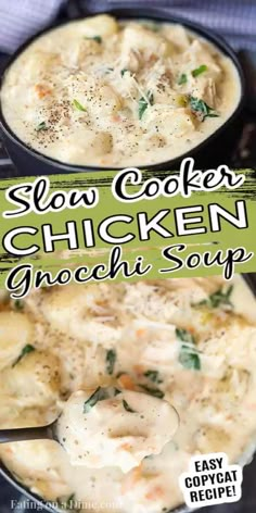 slow cooker chicken gnocchini soup in a black bowl