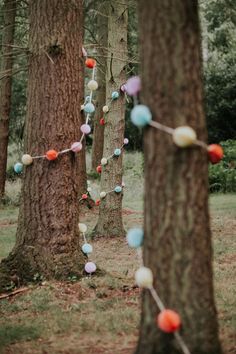 a string of colorful balls hanging from trees in the woods for an outdoor wedding ceremony