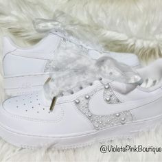 Custom Pearl Encrusted Nike Air Force 1 Sneakers With Crystals All Womens Sizes Available Ships In 1-2 Weeks Customized With White Pearls New In The Box Nike Air Force 1 Swarovski, Nike Air Force 1 Women, Air Force 1 Women, Wedding Sneakers, Custom Nikes, Womens Tie, Tie Shoes, Shoes Trainers, Nike Air Force 1