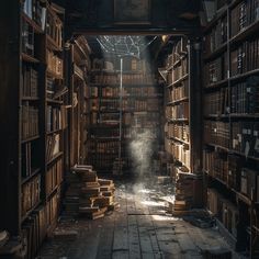 an old library with lots of books on the shelves and dust coming from the floor