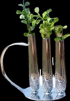 three silver vases with plants in them sitting on a metal tray, against a black background