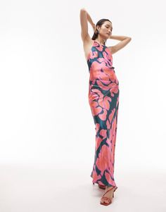 Topshop halter neck maxi dress in pink inky print | ASOS Spring Wedding Guest Dress, Halter Neck Maxi Dress, Wedding Guest Style, Bold Floral Print, Pink Maxi, Halter Maxi, January 2024, Open Back Dresses, Maxi Dress Formal