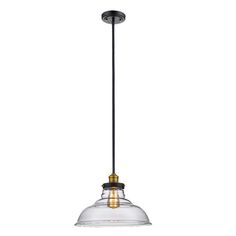 a glass and metal pendant light hanging from a ceiling fixture with an industrial style design