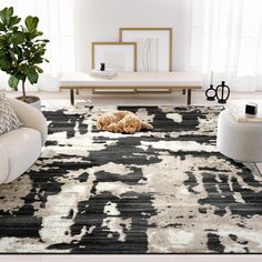 a dog laying on top of a black and white area rug in a living room