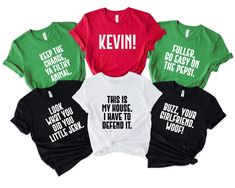 five t - shirts with the words kevin in different colors and font on them