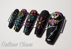 "Celebrate Dia De Los Muertos with these cute Coco-style neon press ons! All Outlaw Claws are made with gel tips (not flimsy plastic!) & hand-painted with gel polish. All sets are reusable if cared for properly! Included in your Press On Nail Kit: -Set of 10 nails with your selected size, length, & shape -Nail glue -Nail file -Cuticle pusher -2x Alcohol wipes -1mL Outlaw Claws cuticle oil -1 Sheet (24 pieces) Double-sided Nail Glue Stickers SIZING & LENGTH Check out my easy step-by-step guide in the photo gallery to measure your nails & ensure the perfect fit! Specify your size in the drop down menu when placing your order. If your nails do not match the standard set sizes select \"Custom\" & enter your measurements in the notes section. Once you select your nail bed measurements, you can Day Of The Dead Nail Art, Dia De Los Muertos Nail Ideas, Catrina Nails, Sugar Skull Nail Art, Skeleton Nail Art, Line Art Nails, Skull Nail Designs, Sugar Skull Nails, Press On Nail Kit