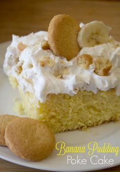 a piece of banana pudding poke cake on a plate with two cookie pieces next to it