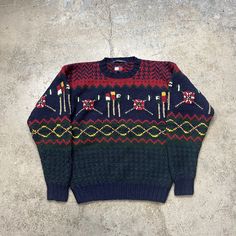 "great vintage condition. no holes or stains. handknitted in china. 65% wool, 35% cotton. please refer to approximate measurements (flat) below - may not fit as tagged pit to pit -19.5\" collar to hem -22\" if you have any questions, please ask." Tommy Hilfiger Bear Sweater, Pull Tommy Hilfiger Bleu, Vintage Ski Sweater, Vintage Novelty Sweater, Vintage Multicolor Hand-knitted Sweater, Vintage Tommy Hilfiger, Chunky Wool, Rowing, Crewneck Sweater